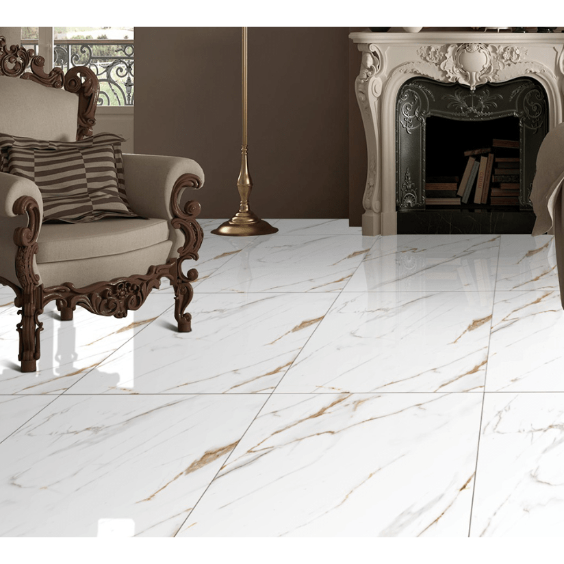 Calcatta Brown & White Gloss Porcelain 60x120cm Kitchen Bathroom Wall Floor Tiles - TILES Paradise