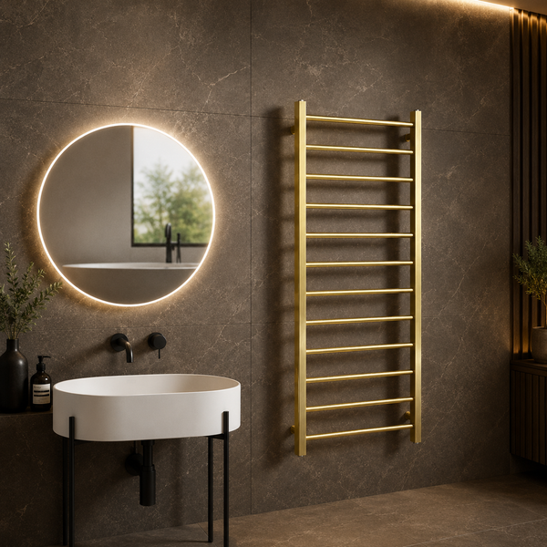 Rivena 1200x500mm Brushed Gold Heated Towel Rail – Slimline 12 Bar Ladder Radiator