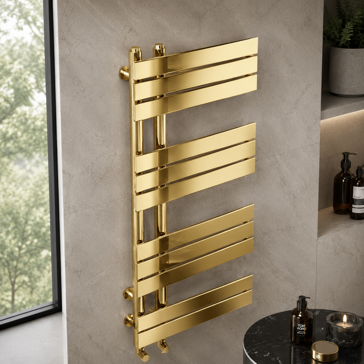 Verano 1200x500mm Brushed Gold Heated Towel Rail – 12 Bar Ladder Radiator, Central Connection