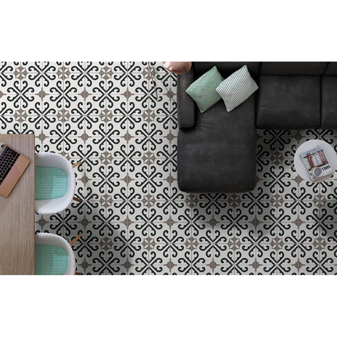 Birbin Monochrome Grey Satin 45x45cm Patterned Ceramic Wall & Floor Tiles