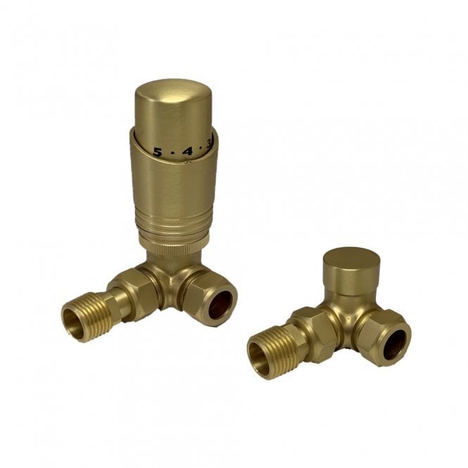 Designer Thermostatic Radiator Valve Twin Pack with Lockshield – Brushed Brass – Corner