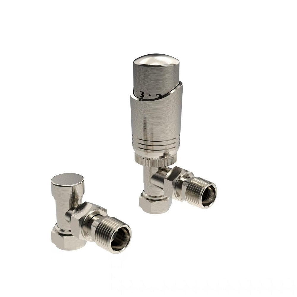 Designer Thermostatic Radiator Valve Twin Pack with Lockshield – Brushed Nickel – Angled