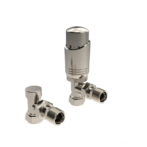 Designer Thermostatic Radiator Valve Twin Pack with Lockshield – Brushed Nickel – Angled