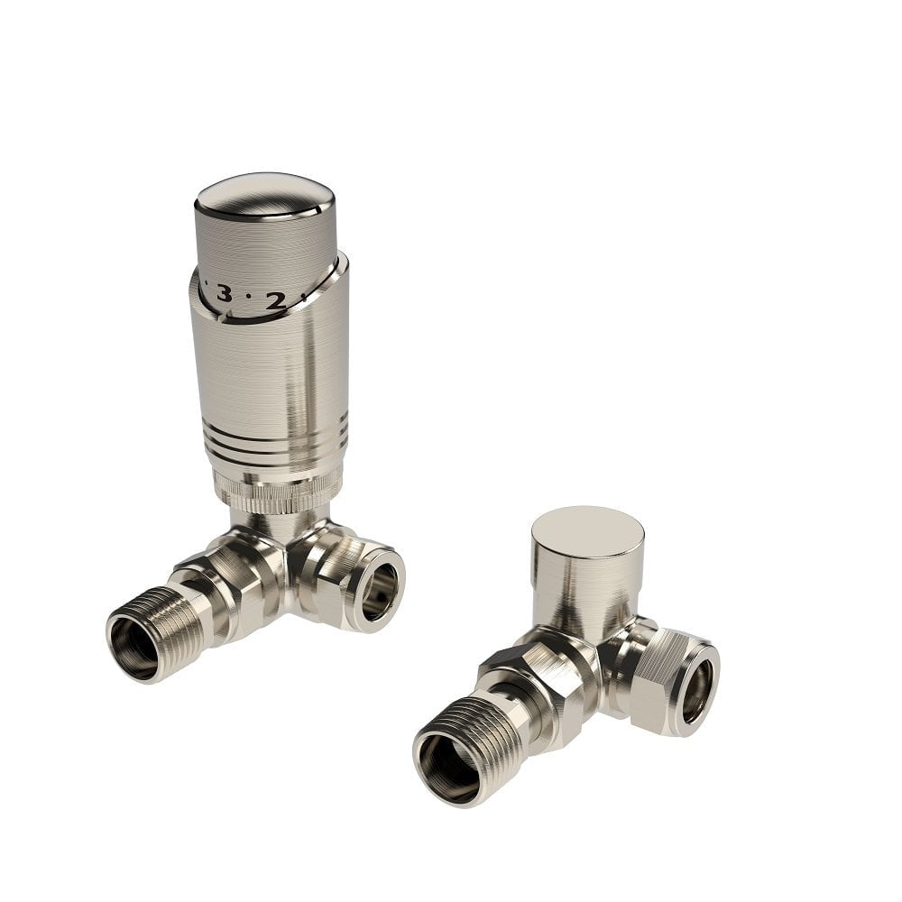 Designer Thermostatic Radiator Valve Twin Pack with Lockshield – Brushed Nickel – Corner