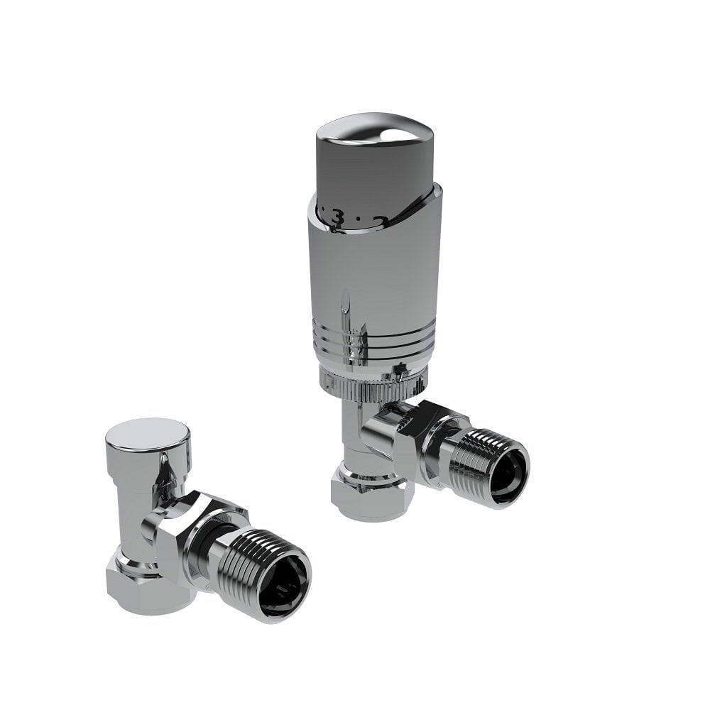 Designer Thermostatic Radiator Valve Twin Pack with Lockshield – Chrome – Angled