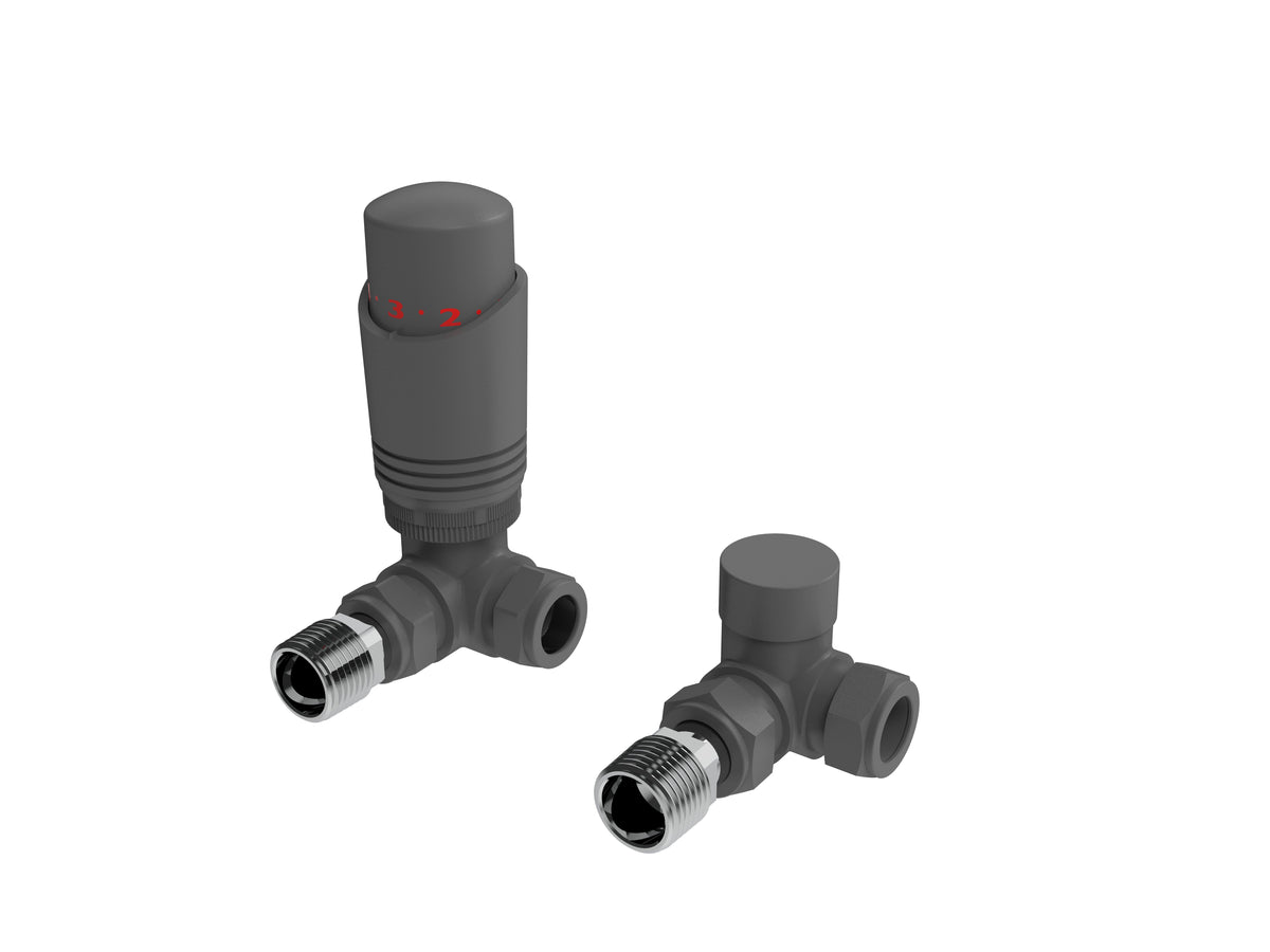 Designer Thermostatic Radiator Valve Twin Pack with Lockshield – Textured Grey – Corner