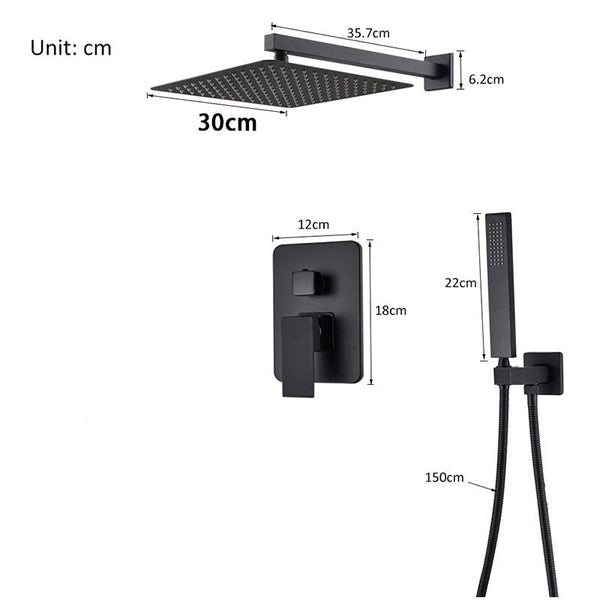 Drexon Black Concealed Shower Mixer Set – Square Rain Head & Handheld, Thermostatic Valve, Matte Finish