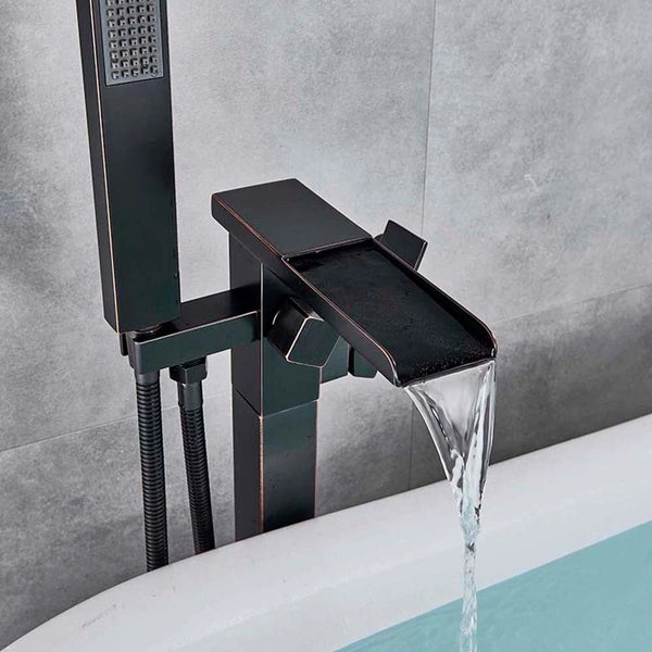 Drexon Black Square Waterfall Freestanding Bath Mixer Tap with Handheld Shower – Floor Mounted