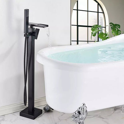 Drexon Black Square Waterfall Freestanding Bath Mixer Tap with Handheld Shower – Floor Mounted - TILES Paradise