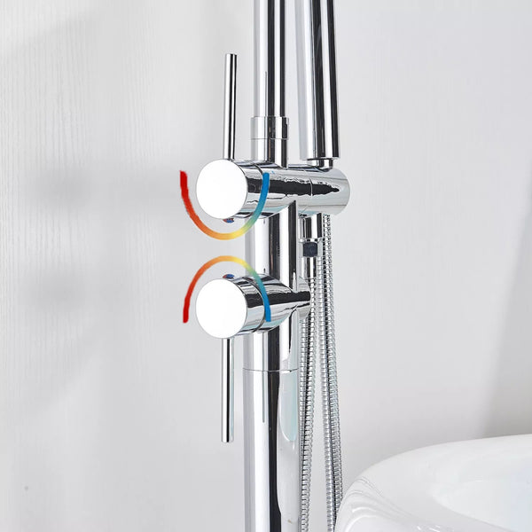 Drexon Chrome Round Freestanding Bath Mixer Tap with Hand Shower – Dual Handle Floor Standing Filler