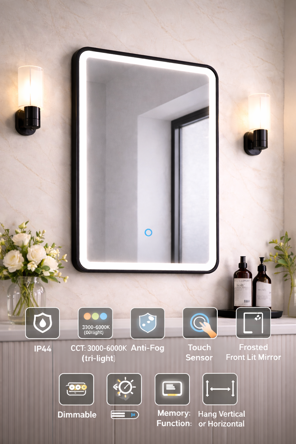 Lumora 700x500mm LED Bathroom Mirror Matt Black Tri-Light Touch Demister IP44