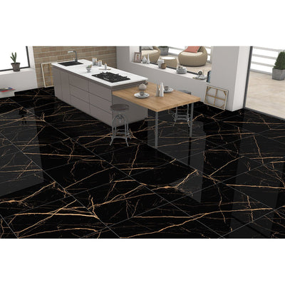 Epitome Black & Gold High Gloss Porcelain 60x60cm Kitchen Bathroom Wall & Floor Tile - TILES Paradise