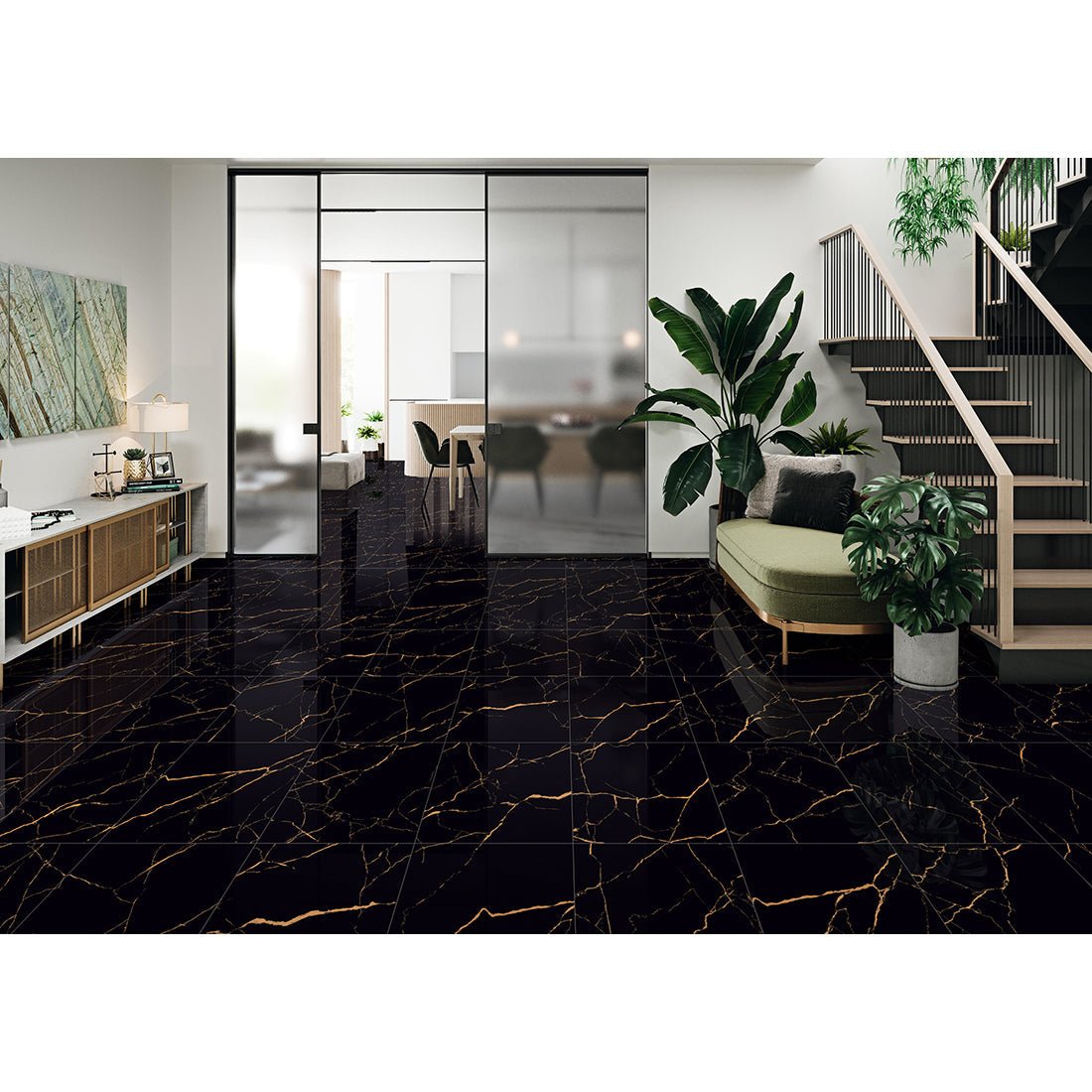 Epitome Black & Gold High Gloss Porcelain 60x60cm Kitchen Bathroom Wall & Floor Tile - TILES Paradise