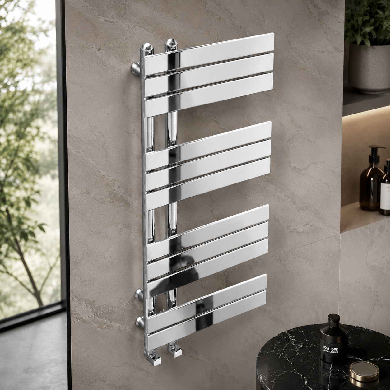 Verano 1200x500mm Chrome Heated Towel Rail – 12 Bar Ladder Radiator, Central Connection