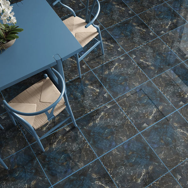 Sky Blue Marble Effect Polished Porcelain Tile 60x60cm