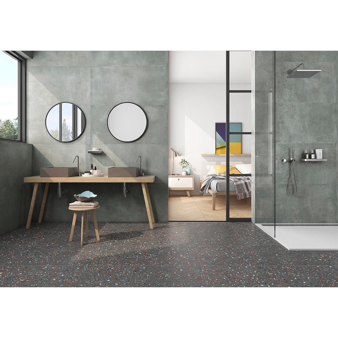 Job Lot Deal: 83 Tiles (30 sq.m) Gobi Terrazzo 60x60cm Black Matt Wall and Floor Tile