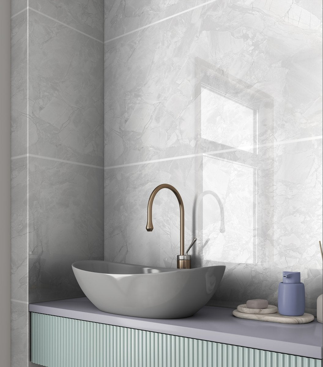 Grove Grey Polished Marble Effect Porcelain 60x120cm Tile - Ideal for ...