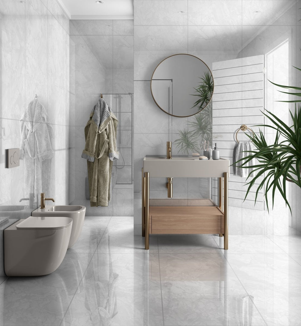 Grove Grey Polished Marble Effect Porcelain 60x120cm Tile - Ideal for ...