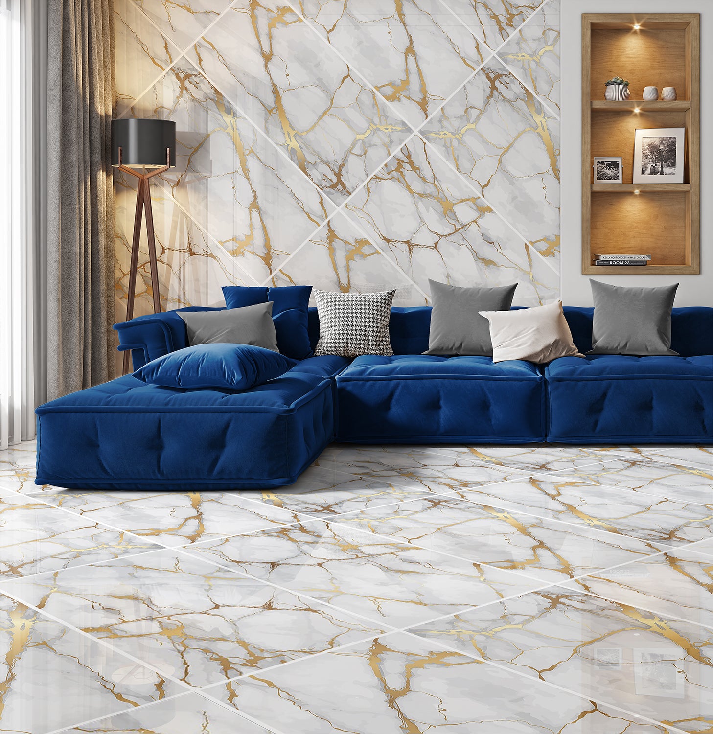 Job Lot : 42 Tiles (30 sq.m) Honey Gold Marble Effect Polished Porcelain 60x120cm Wall and Floor Tile