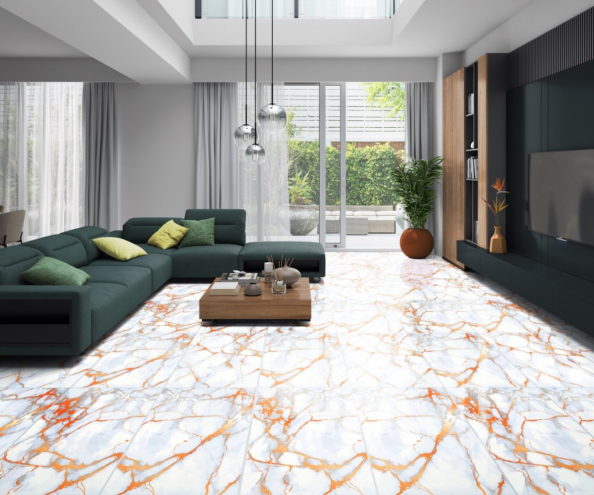 Honey Orange Marble Effect Polished Porcelain 60x120cm Wall and Floor Tile - TILES Paradise