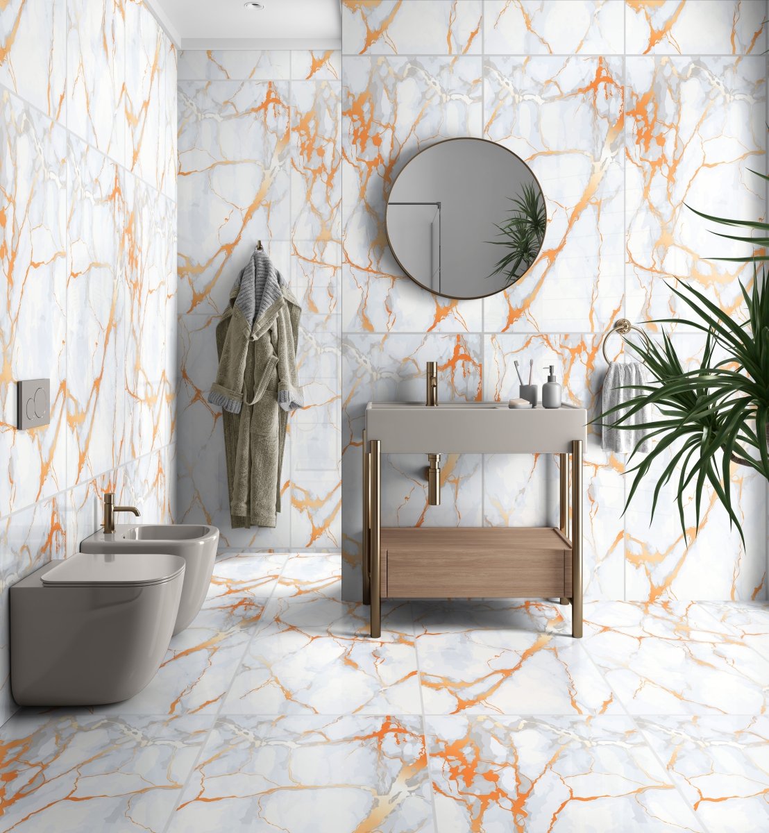 Honey Orange Marble Effect Polished Porcelain 60x120cm Wall and Floor Tile - TILES Paradise