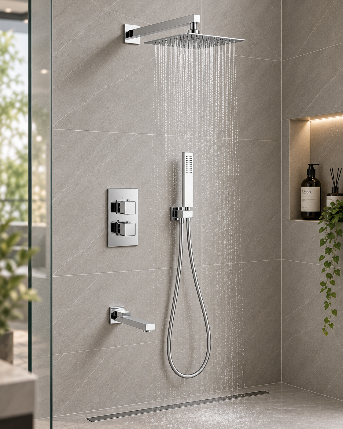 Quadra Chrome Concealed Thermostatic Shower Set with Bath Spout – 3 Outlet Twin Valve, 300mm Square Rainfall Head & Handset
