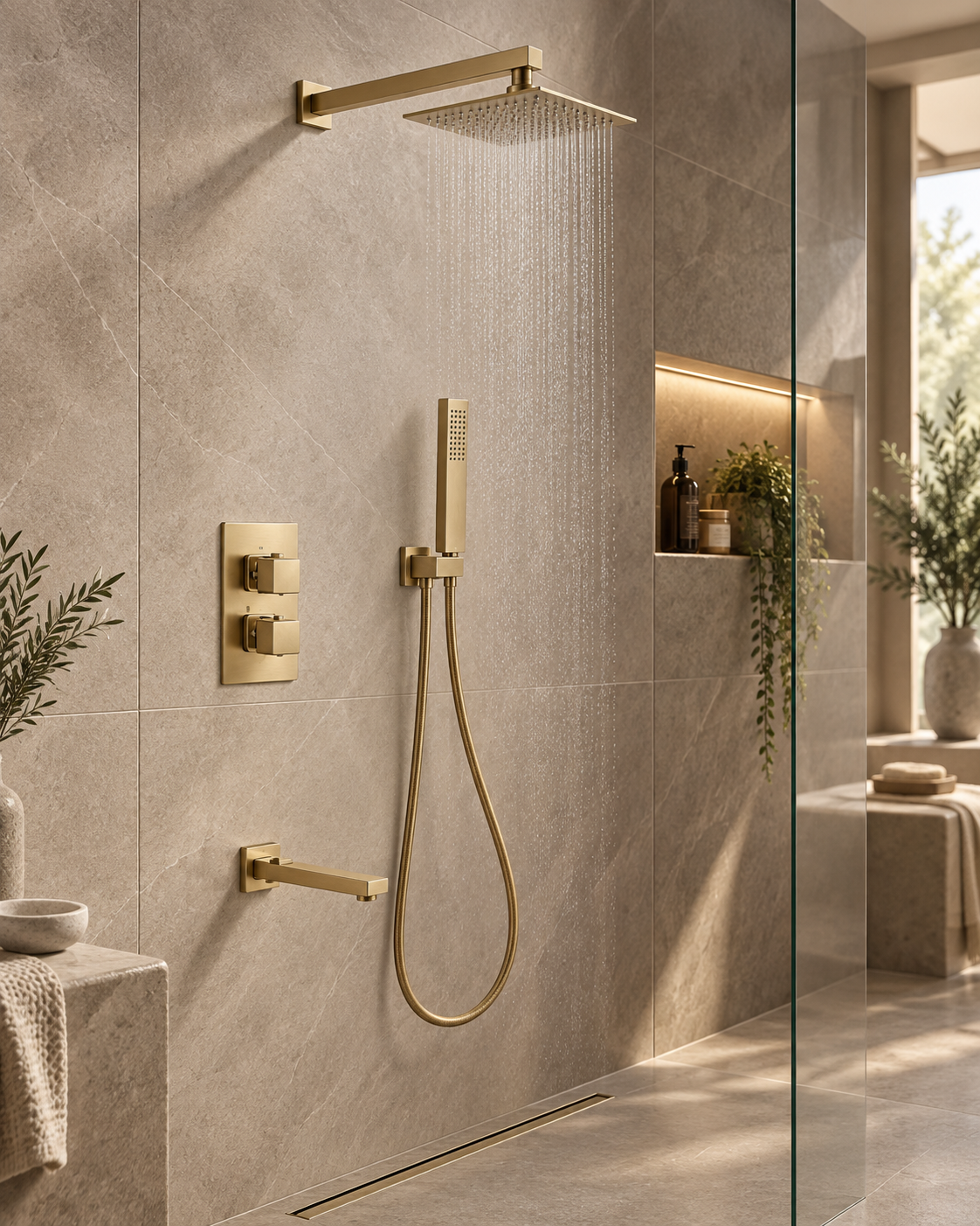 Quadra Brushed Gold Concealed Thermostatic Shower Set with Bath Spout – 3 Outlet Twin Valve, 300mm Square Rainfall Head & Handset