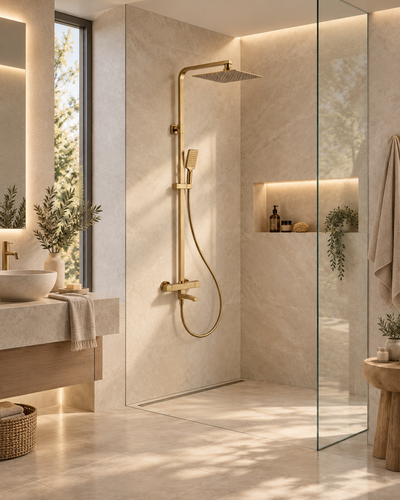 Quadra Brushed Gold Exposed Thermostatic Bath Shower Mixer Set – Riser Rail, 300mm Square Rainfall Head, Handset & Bath Filler