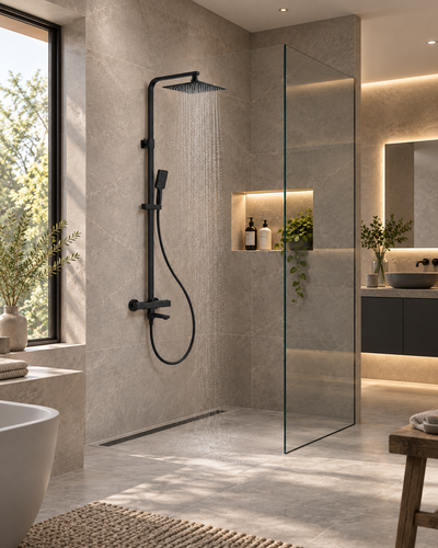 Quadra Matt Black Exposed Thermostatic Bath Shower Mixer Set – Riser Rail, 300mm Square Rainfall Head, Handset & Bath Filler