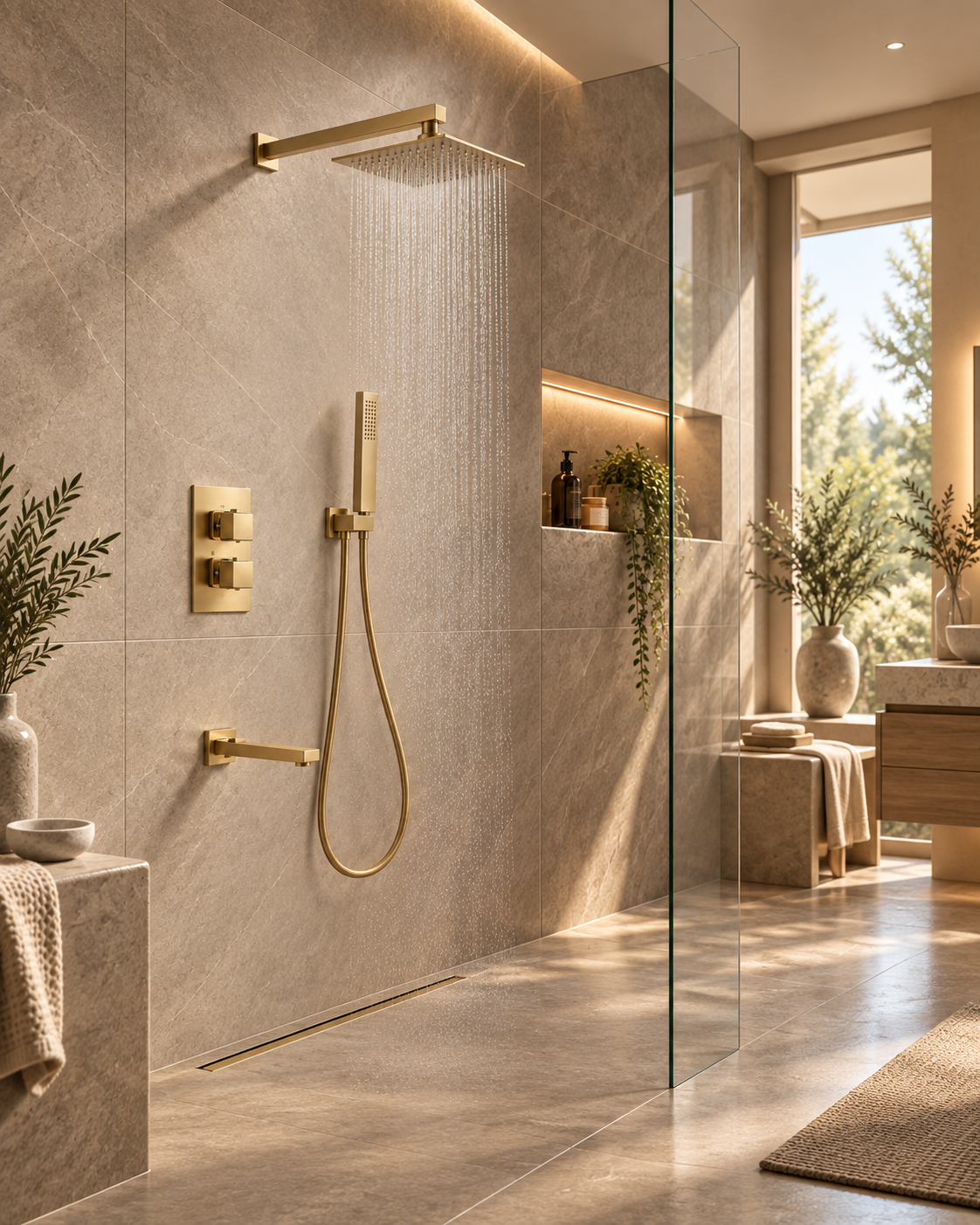 Quadra Brushed Gold Concealed Thermostatic Shower Set with Bath Spout – 3 Outlet Twin Valve, 300mm Square Rainfall Head & Handset