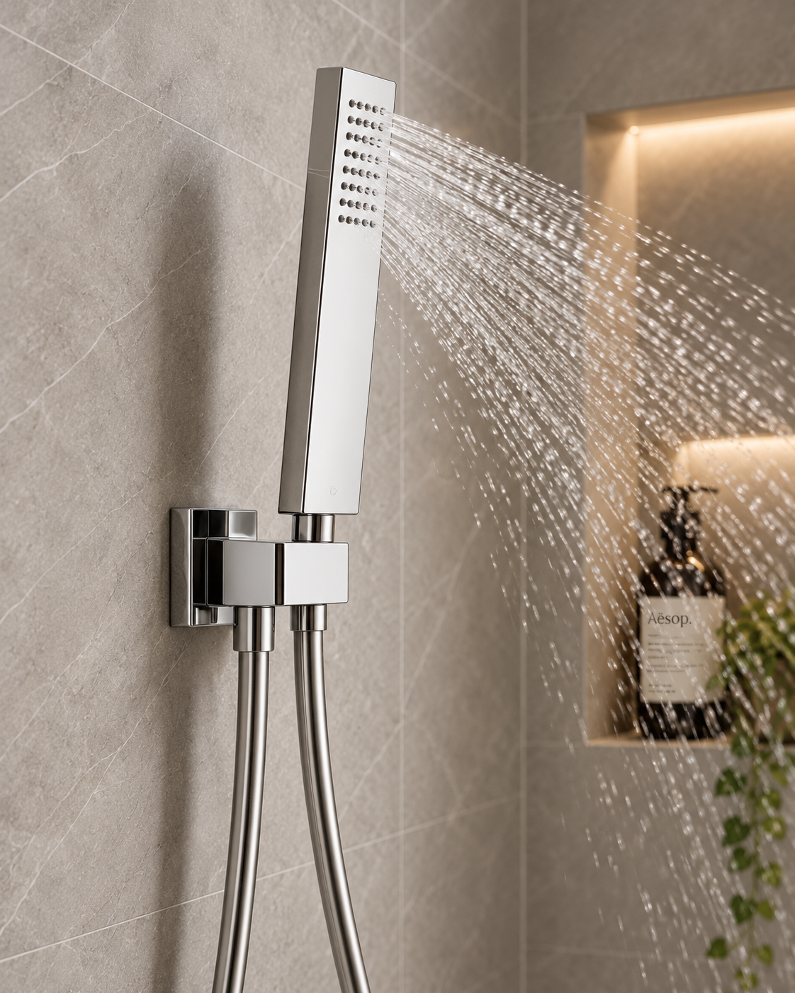 Quadra Chrome Concealed Thermostatic Shower Set with Bath Spout – 3 Outlet Twin Valve, 300mm Square Rainfall Head & Handset