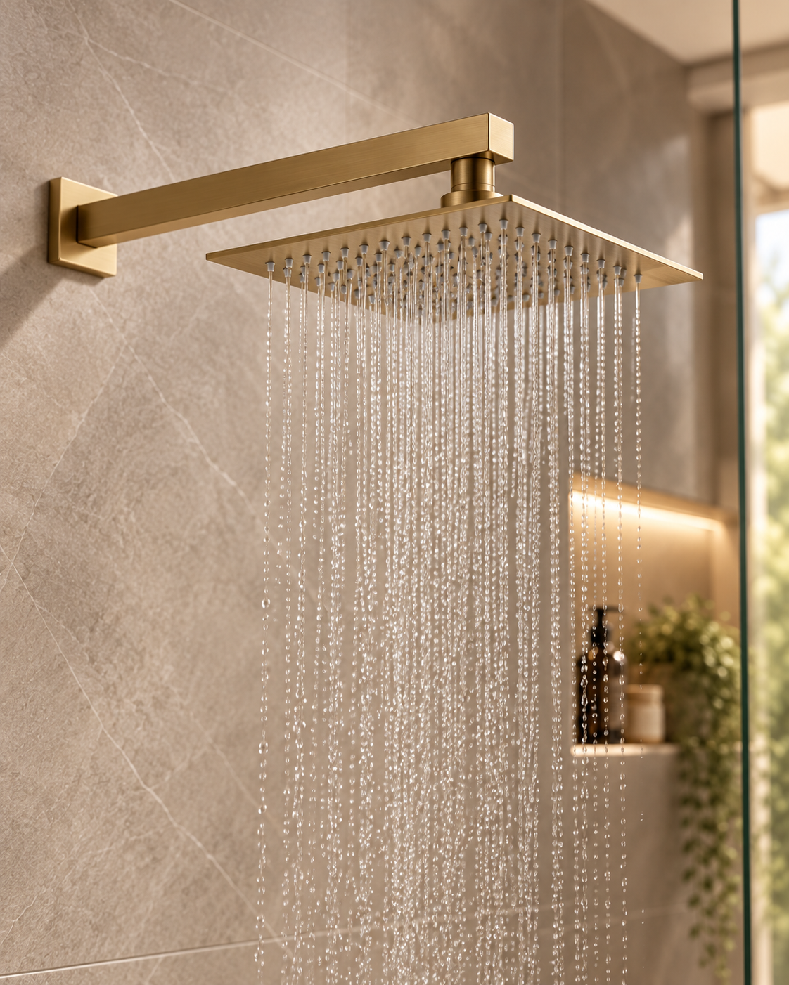 Quadra Brushed Gold Concealed Thermostatic Shower Set with Bath Spout – 3 Outlet Twin Valve, 300mm Square Rainfall Head & Handset