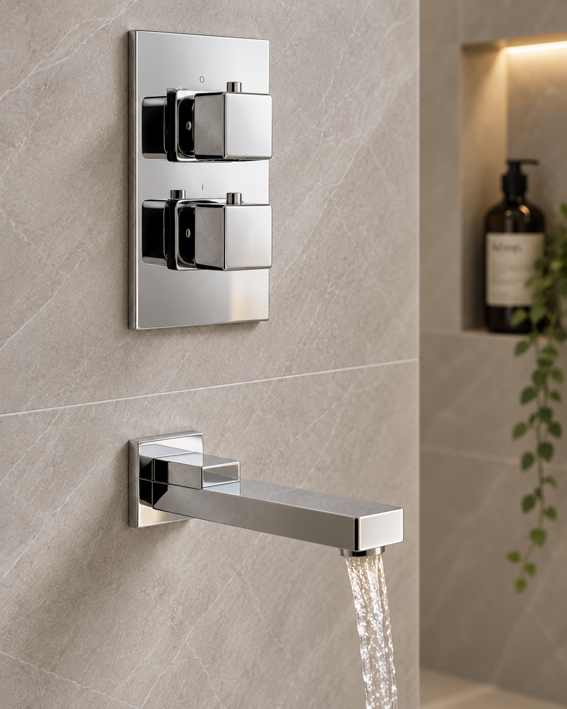 Quadra Chrome Concealed Thermostatic Shower Set with Bath Spout – 3 Outlet Twin Valve, 300mm Square Rainfall Head & Handset