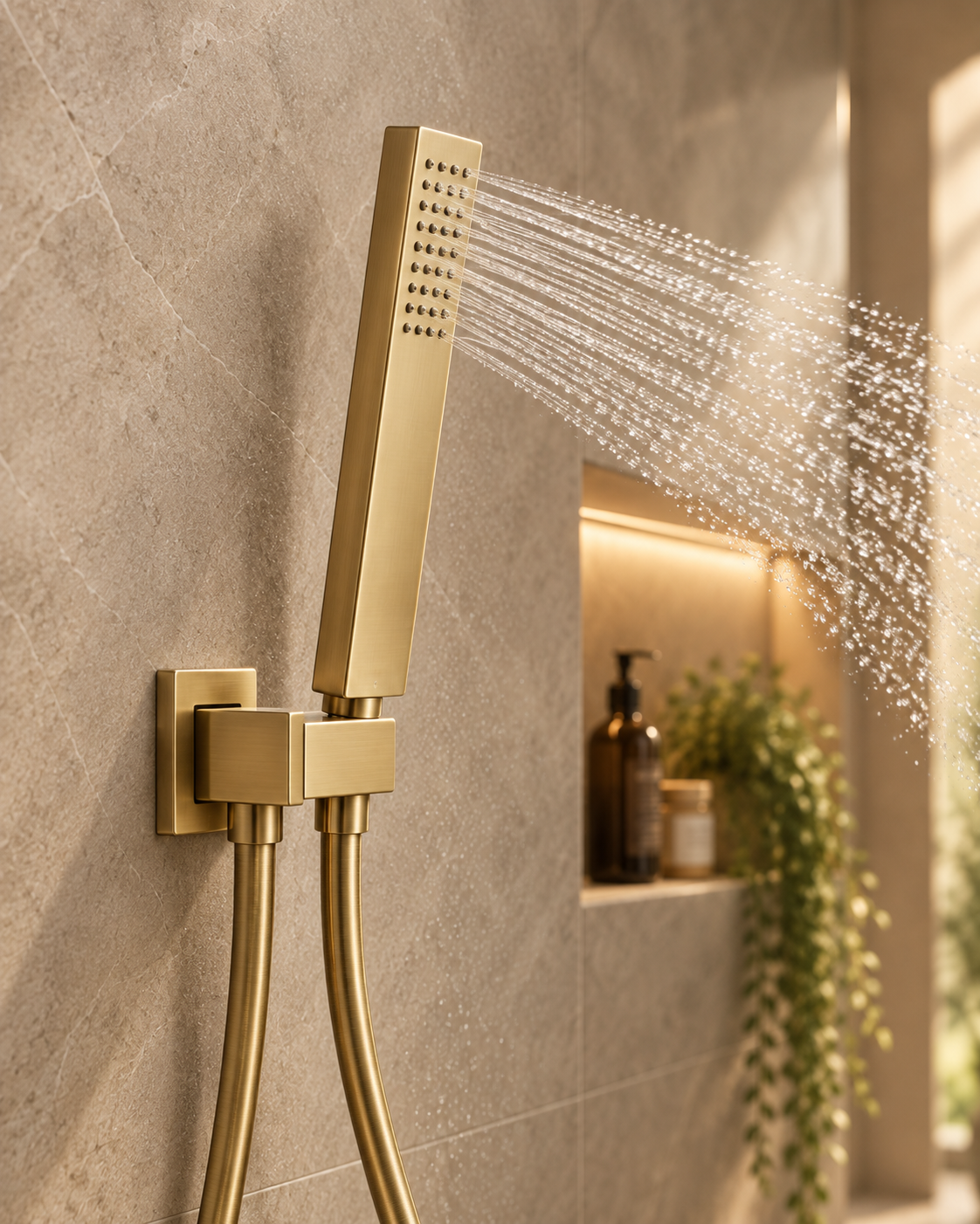 Quadra Brushed Gold Concealed Thermostatic Shower Set with Bath Spout – 3 Outlet Twin Valve, 300mm Square Rainfall Head & Handset