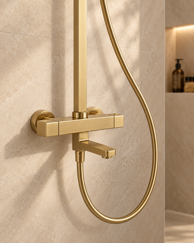 Quadra Brushed Gold Exposed Thermostatic Bath Shower Mixer Set – Riser Rail, 300mm Square Rainfall Head, Handset & Bath Filler