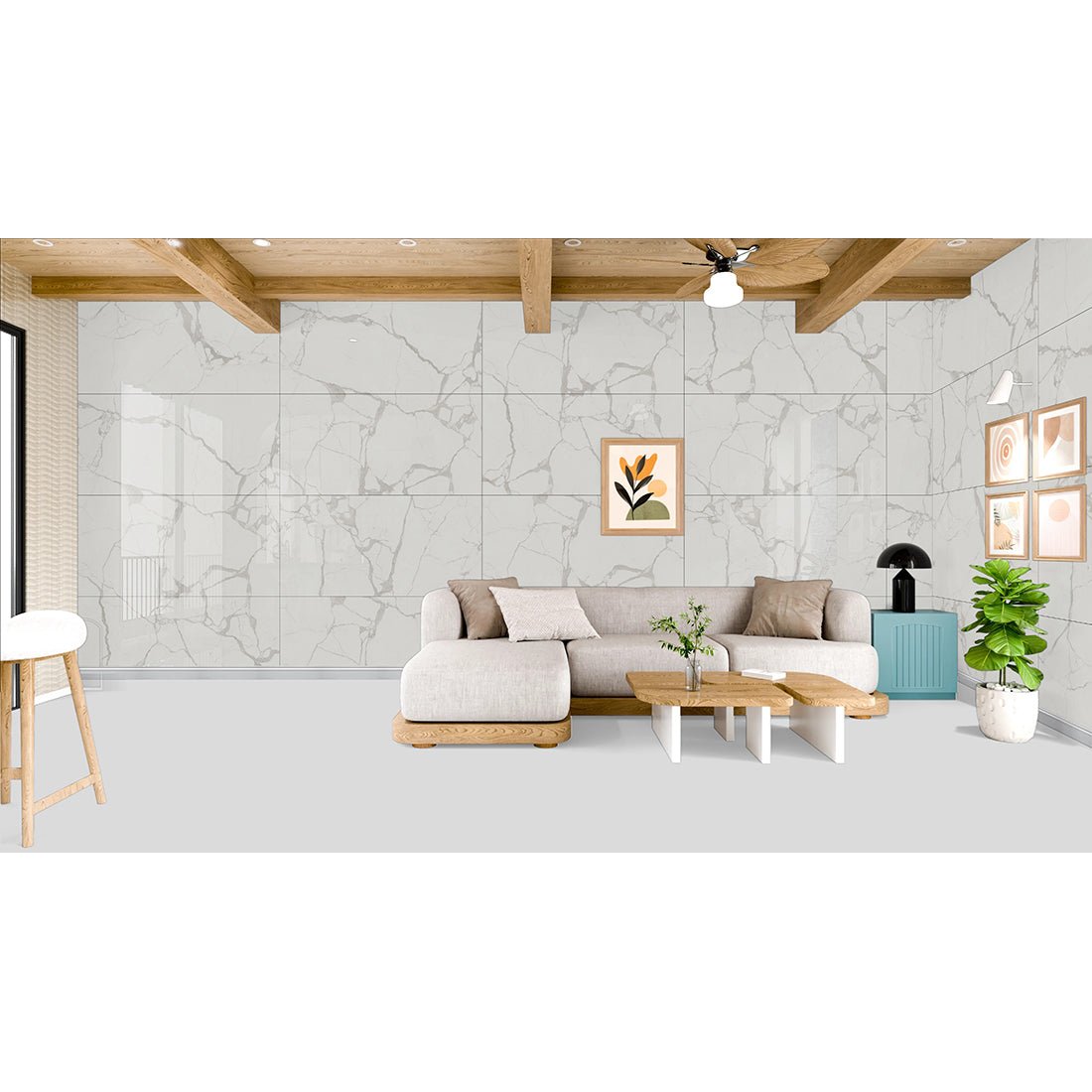 Kaolin Satvario Grey Marble Effect Polished Porcelain Wall & Floor Tile 60x120cm - TILES Paradise