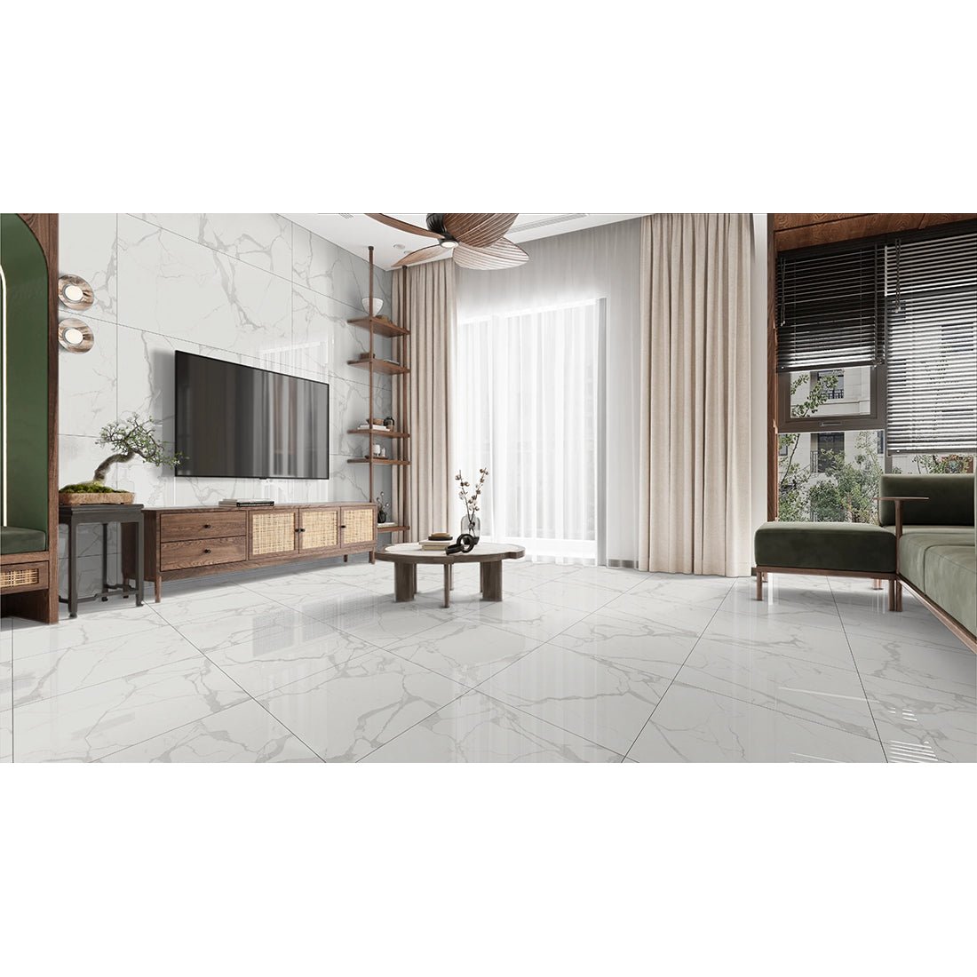 Kaolin Satvario Grey Marble Effect Polished Porcelain Wall & Floor Tile 60x120cm - TILES Paradise
