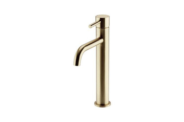 Oriana brushed brass tall hi-rise basin mixer tap for countertop basins