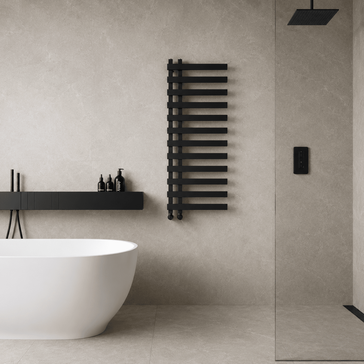 Lazio 1200x500mm Matt Black Heated Towel Rail – 11 Bar Ladder Radiator, Central Connection - TILES Paradise