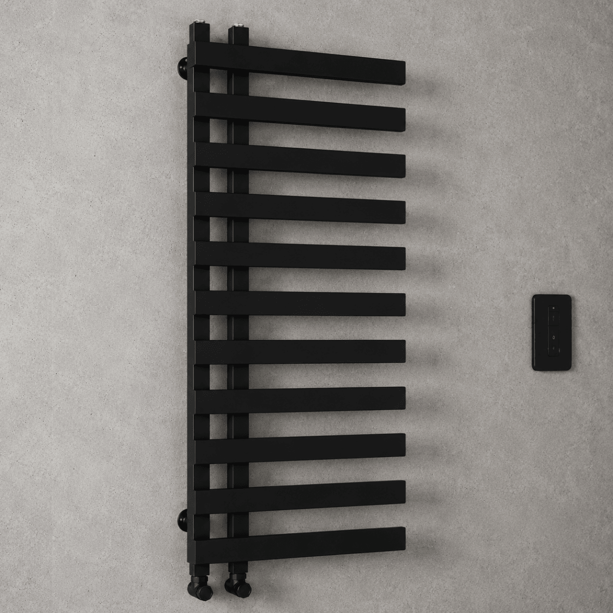 Lazio 1200x500mm Matt Black Heated Towel Rail – 11 Bar Ladder Radiator, Central Connection - TILES Paradise