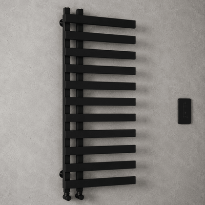 Lazio 1200x500mm Matt Black Heated Towel Rail – 11 Bar Ladder Radiator, Central Connection - TILES Paradise