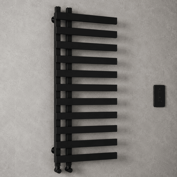 Lazio 1200x500mm Matt Black Heated Towel Rail – 11 Bar Ladder Radiator, Central Connection - TILES Paradise