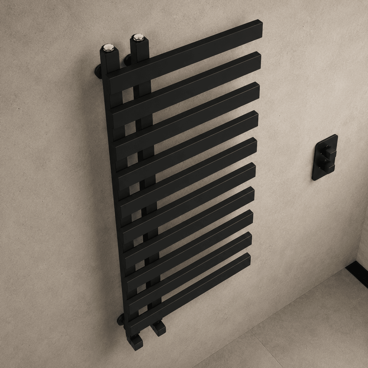 Lazio 1200x500mm Matt Black Heated Towel Rail – 11 Bar Ladder Radiator, Central Connection - TILES Paradise