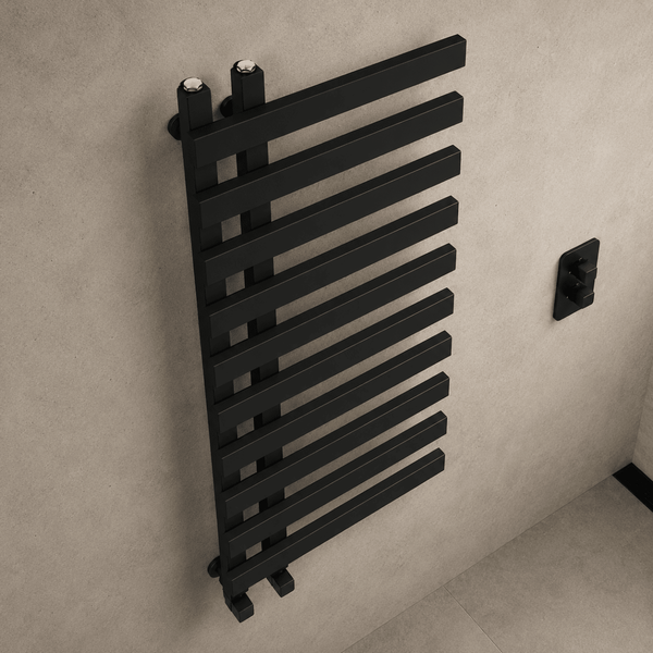 Lazio 1200x500mm Matt Black Heated Towel Rail – 11 Bar Ladder Radiator, Central Connection