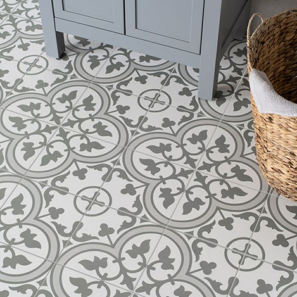 Birbin Monochrome Grey Satin 45x45cm Patterned Ceramic Wall & Floor Tiles