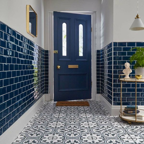 Birbin Monochrome Dark Blue Satin 45x45cm Patterned Ceramic Wall & Floor Tiles