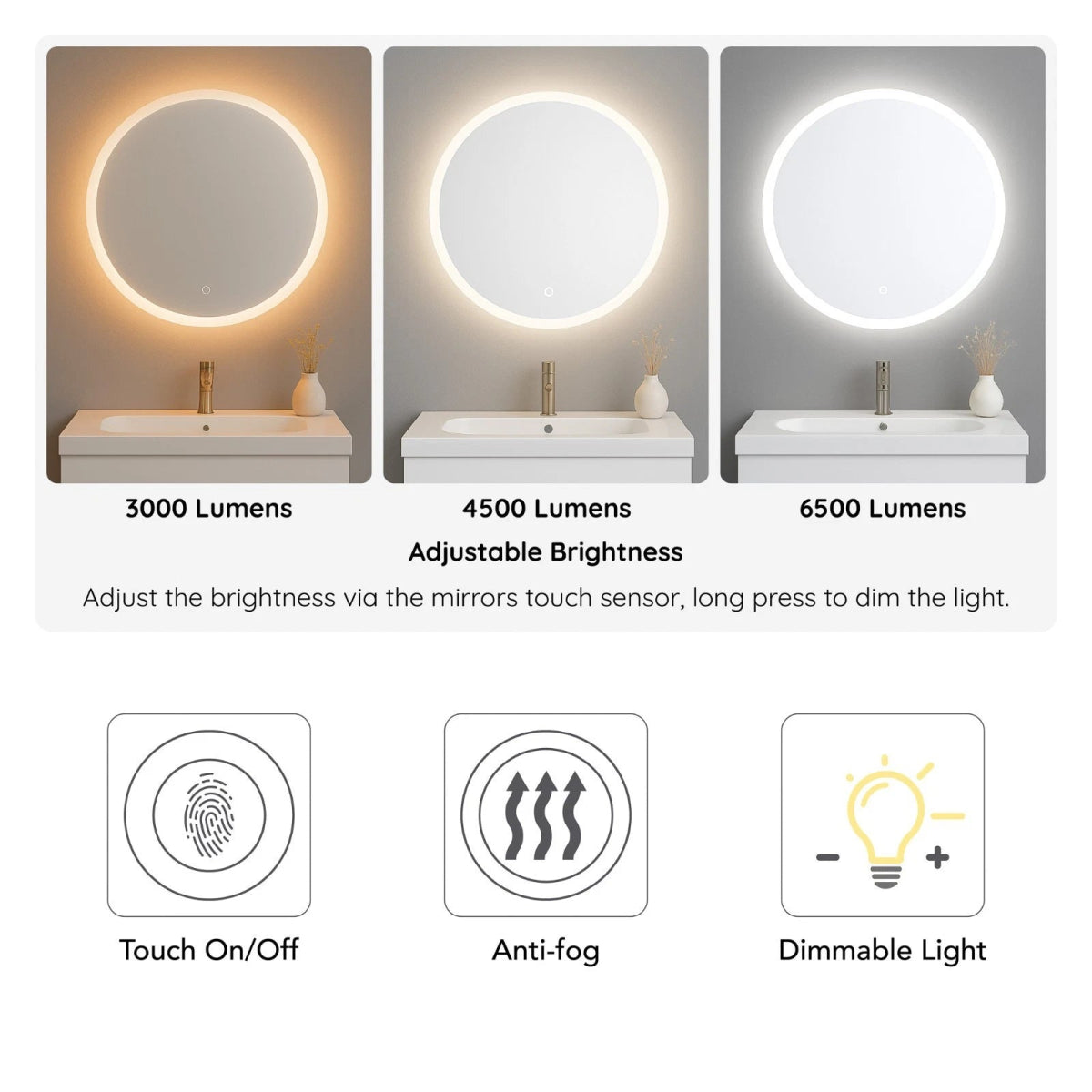 Lumora 600mm Round Backlit LED Bathroom Mirror – Tri - Colour Dimmable Light, Touch Sensor, Demister, Mains Powered - TILES Paradise