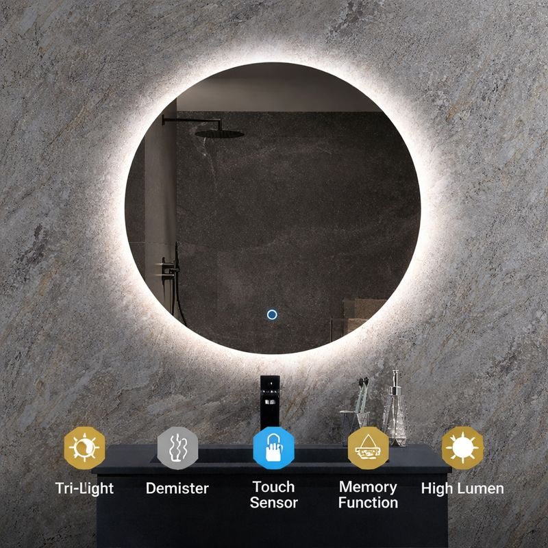 Lumora 600mm Round Backlit LED Bathroom Mirror – Tri - Colour Dimmable Light, Touch Sensor, Demister, Mains Powered - TILES Paradise