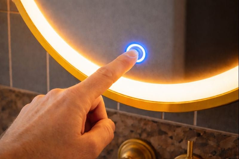 Lumora 600mm Round LED Bathroom Mirror – Brushed Brass, Dimmable Tri - Light, Anti - Fog - TILES Paradise