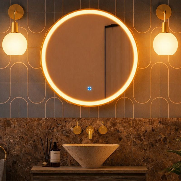 Lumora 600mm Round LED Bathroom Mirror – Gold Frame, Dimmable Tri-Light, Anti-Fog
